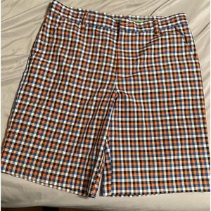 IZOD Golf Shorts Mens 34 Orange Blue Navy Gingham Plaid Performance Polyester